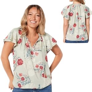 Candace Cameron Bure Flutter Sleeve Split Neck Green Floral Blouse - Sz M